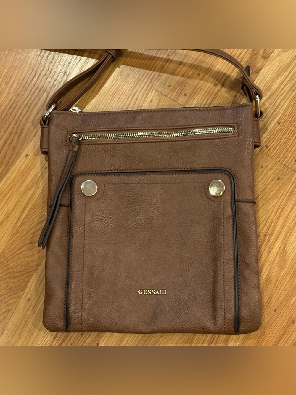 Gussaci Handbag, Vegan Leather Cross Body Studded Pockets; EUC